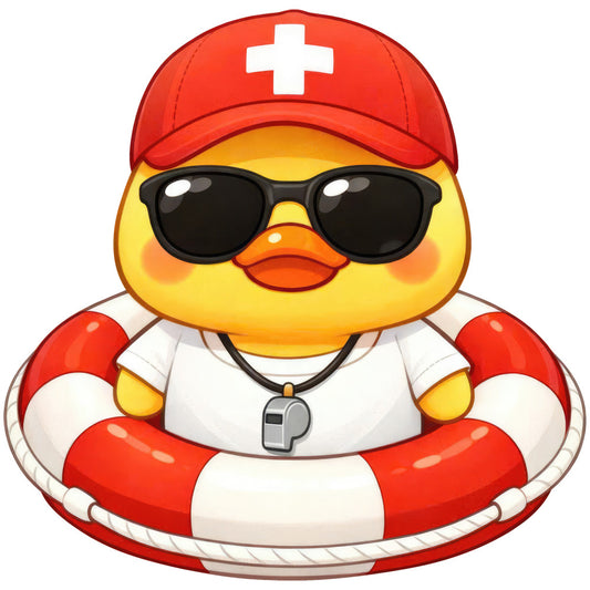 yellow duck, red and white, sunglasses, lifeguard, beach theme, nautical, summer, cute animals, whimsical, playful, bright yellow, fire engine red, cream white, pool party, water safety, rescuer duck, lifesaver ring, casual style, fun prints, children's fabric, novelty, character print, coastal, cheerful, bold colors, animal characters, kids themed, summertime, recreational