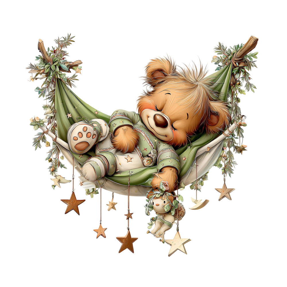 sage green, cream, tan, brown, rust orange, whimsical, teddy bear, sleeping bear, stars, nature, nursery, baby, celestial, woodland, forest, vintage, gentle, soft, dreamy, decorative panel, wall hanging, baby quilt, children's, ivy, vines, botanical, hanging stars, peaceful, lullaby, storybook