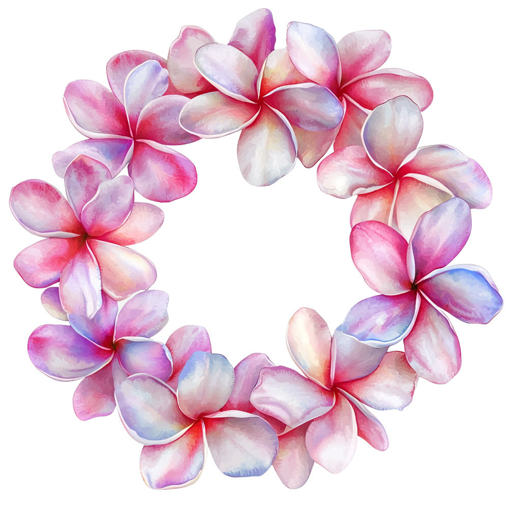 pink flowers, purple petals, plumeria blossoms, tropical flowers, hawaiian motif, floral wreath, watercolor style, fabric panel, quilting cotton, soft pastels, magenta tones, lavender hues, circular arrangement, botanical design, island theme, paradise flowers, delicate petals, tropical paradise, quilting fabric, craft panel