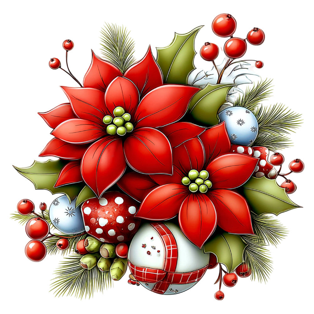 red poinsettia, christmas, holiday, festive, evergreen, holly leaves, berries, ornaments, baubles, winter, seasonal, decorative, traditional, elegant, whimsical, bright red, forest green, cream white, blue ornaments, red plaid, checkered ribbon, nature-inspired, botanical, floral, dimensional, realistic, vibrant, timeless, nostalgic, celebration