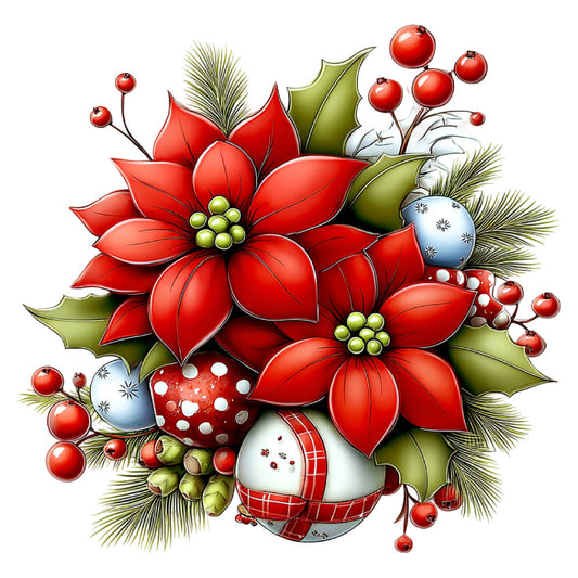 red poinsettia, christmas, holiday, festive, evergreen, holly leaves, berries, ornaments, baubles, winter, seasonal, decorative, traditional, elegant, whimsical, bright red, forest green, cream white, blue ornaments, red plaid, checkered ribbon, nature-inspired, botanical, floral, dimensional, realistic, vibrant, timeless, nostalgic, celebration