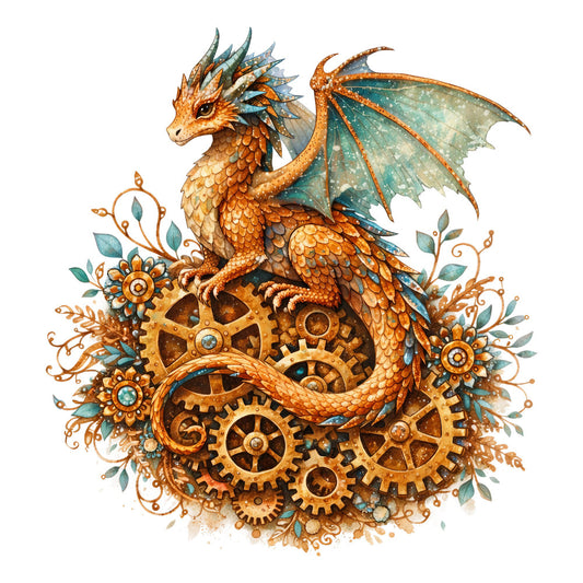 steampunk dragon, burnt orange, teal blue, mechanical gears, fantasy creature, whimsical, victorian steampunk, ornamental flowers, decorative scrollwork, adventure theme, magical, intricate details, bronze gold, sage green, industrial style, dragon motif, gear patterns, botanical elements, vintage inspired, wall hanging, imaginative design, celestial fantasy, embellished style, ornate details, copper tones, turquoise accents, creatures and gears, decorative panel, artistic illustration