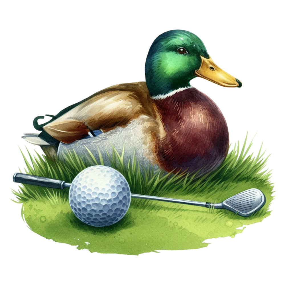 golf, sports, duck, mallard, green head, iridescent, gold bill, burgundy, tan, cream, grass green, whimsical, nature, animals, birds, waterfowl, golf ball, golf club, driver, outdoor recreation, leisure, masculine, vintage, illustration, detailed, charm panel, gift, men's interests, hobby themed, playful