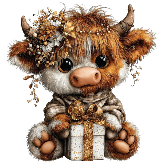 christmas highland cow, fabric panel, quilting cotton, brown fur, orange hair, white markings, black eyes, pink nose, small horns, floral crown, golden flowers, pearl headband, cozy sweater, gift box, golden ribbon, festive theme, holiday design, cute animal, whimsical art, detailed illustration