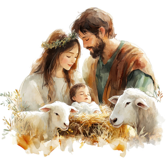 nativity, holy family, jesus, mary, joseph, baby jesus, manger, religious, christian, spiritual, farm animals, sheep, lambs, pastoral, gentle, warm tones, cream, ivory, tan, brown, soft colors, watercolor, peaceful, serene, rustic, traditional, vintage, inspirational, christmas, holiday