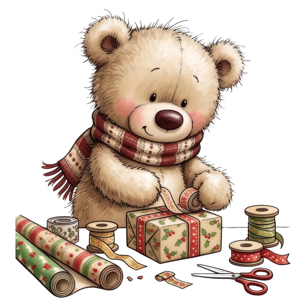 cream, beige, burgundy, red, forest green, dusty rose, brown, teddy bear, cute animals, holiday, Christmas, winter, vintage, whimsical, sweet, festive, gift wrapping, craft supplies, ribbon, decorative tape, children's, nursery, baby, traditional, cozy, rustic, polka dots, floral, holly, berries