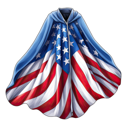 american flag, patriotic, stars, red white and blue, striped, cape, cloak, independence day, fourth of july, memorial day, veterans day, usa, united states, nautical, vintage americana, traditional, elegant, bold colors, red stripes, navy blue, white stars, symbolic, heroic, dramatic, wearable art, costume, historical