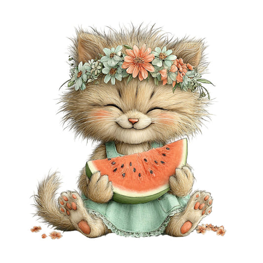 cat, fluffy cat, flower crown, watermelon, cute animal, whimsical, children's, baby, pastel colors, mint green, coral pink, peach, cream, tan, floral, daisies, gerbera daisies, summer, spring, playful, sweet, adorable, animal character, botanical, fruit motif, cheerful, illustration style, nursery, child's fabric, girl's fabric