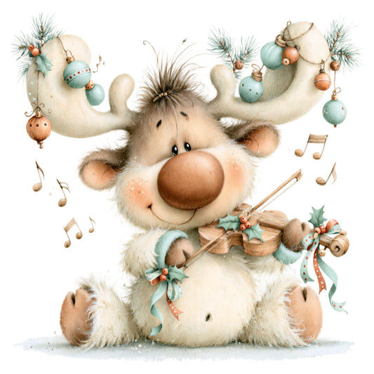 cream, ivory, soft blue, sage green, copper, rust orange, brown, whimsical, adorable, reindeer, christmas, holiday, festive, musical notes, violin, evergreen branches, holly berries, ornaments, decorative, playful, child-friendly, vintage style, storybook, cute animals, winter, christmas caroler, magical, enchanting, joy, celebration