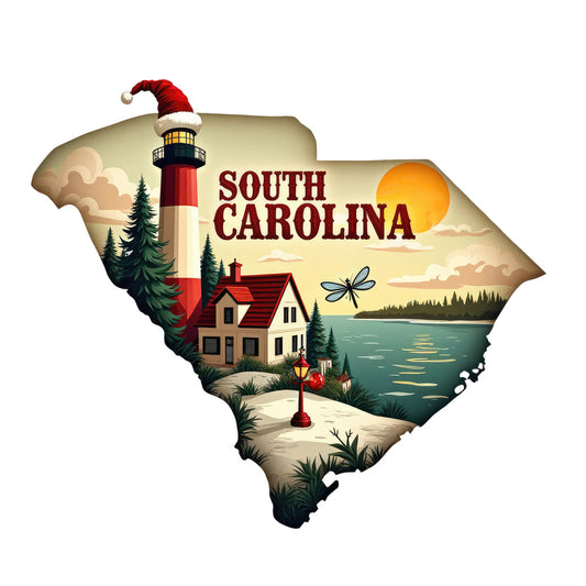 Christmas US States Fabric Panel 11 showing South Carolina with a lighthouse, house, trees, and sunset scene on premium quilting cotton.