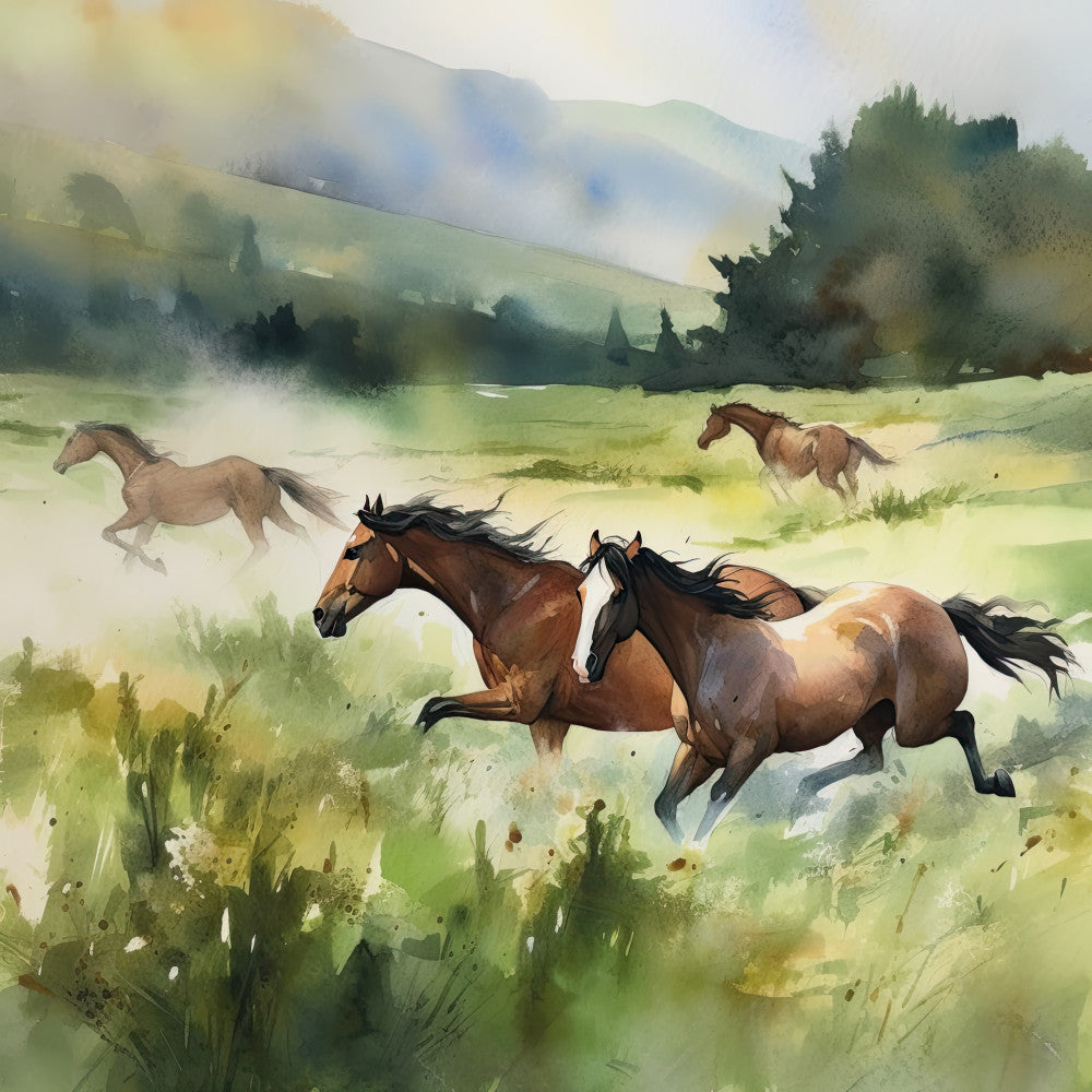 horses, running horses, equestrian, galloping, brown horses, tan horses, cream horses, misty landscape, mountains, rolling hills, forest green, sage green, soft yellow, watercolor, pastoral, countryside, farmland, nature, animals, wildlife, rustic, peaceful, dreamy, impressionist, landscape, spring, summer, barn life, ranch, bucolic