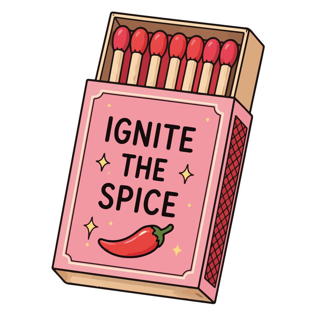 rose pink, coral red, cream, matches box, spice theme, chili pepper, red pepper, inspirational quote, humorous text, whimsical style, modern design, fun print, novelty pattern, kitchen theme, cooking theme, food motif, spicy design, trendy style, contemporary, playful, decorative panel, statement fabric, conversation starter, gold sparkles, stars, outlined illustration, graphic design, bold text