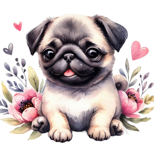 pug, dog, cute, whimsical, playful, floral, pink flowers, peonies, hearts, love, cream, beige, black, gray, purple leaves, botanical, spring, summer, baby, children, kids, nursery, sweet, charming, illustration, watercolor, animal lovers, pet themed, cheerful
