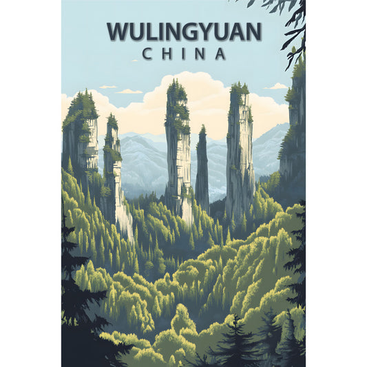 fabric panel, travel poster, wulingyuan china, mountain landscape, limestone pillars, forest green, sage green, blue sky, white clouds, misty mountains, scenic vista, nature artwork, vintage poster style, quilting cotton, geological formations, asian landscape, evergreen trees, rocky cliffs, tourism design, wanderlust theme