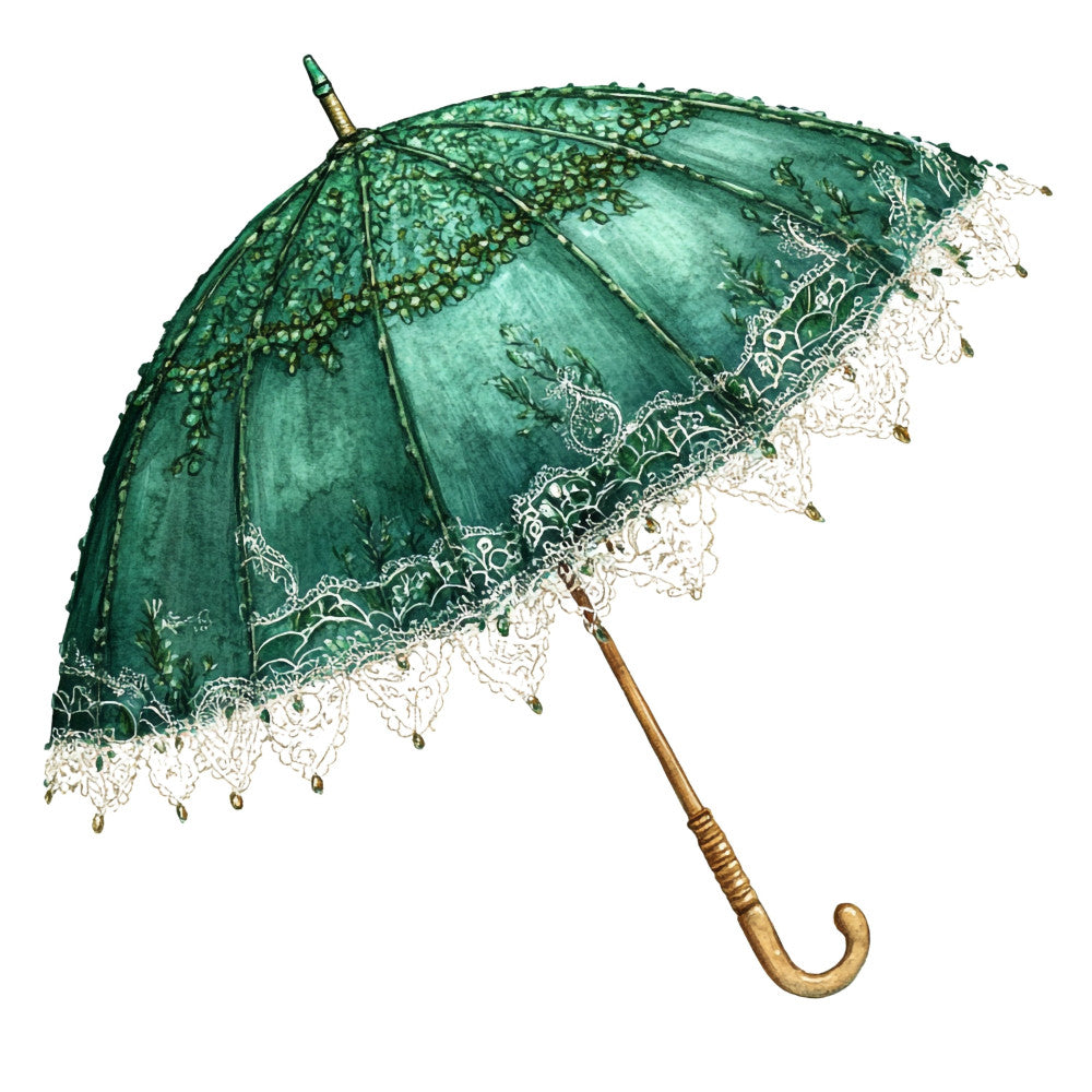 forest green, cream, ivory, lace, vintage umbrella, parasol, ornamental, elegant, victorian, gothic, steampunk, nature, botanical, detailed pattern, intricate design, lace trim, decorative, traditional, romantic, whimsical, ornate, beaded details, brass accents, timeless, classic style, nostalgic, antique inspired, emerald green, delicate lace, edwardian