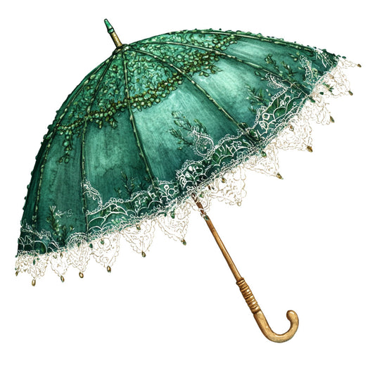 forest green, cream, ivory, lace, vintage umbrella, parasol, ornamental, elegant, victorian, gothic, steampunk, nature, botanical, detailed pattern, intricate design, lace trim, decorative, traditional, romantic, whimsical, ornate, beaded details, brass accents, timeless, classic style, nostalgic, antique inspired, emerald green, delicate lace, edwardian