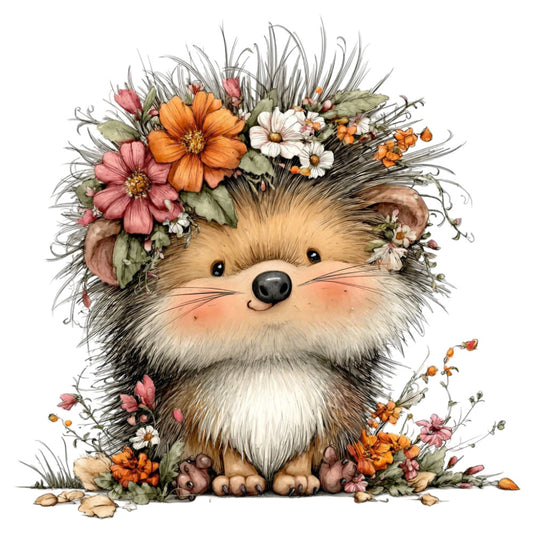 hedgehog, woodland animals, floral, autumn flowers, orange flowers, white flowers, pink flowers, coral pink, burnt orange, sage green, cream, tan, whimsical, cute animals, nature, fall, autumn, forest, rustic, botanical, daisy, cosmos, wildflowers, children's, baby, woodland creature, playful, charming, seasonal