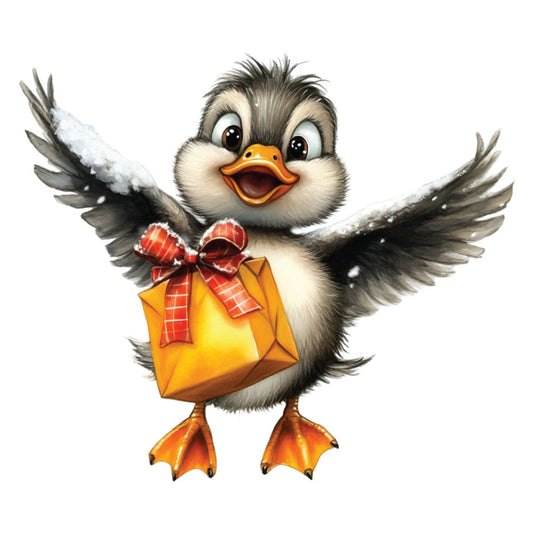 whimsical duck, flying duck, gift delivery, orange package, red plaid bow, gray wings, cream belly, orange beak, orange webbed feet, cheerful expression, cartoon style, holiday theme, fabric panel, quilting cotton, playful design, winter scene, snowflakes, cute animal, children's fabric, festive mood