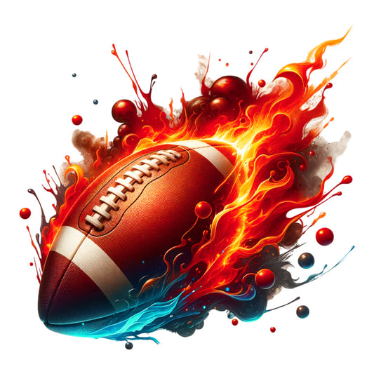 football, watercolor style, red flames, orange fire, yellow accents, blue splash, white background, sports theme, dynamic motion, paint splatter, fabric panel, quilting cotton, energetic design, athletic decor, game day, team colors, abstract splash, fiery effects, cool contrast, modern art style