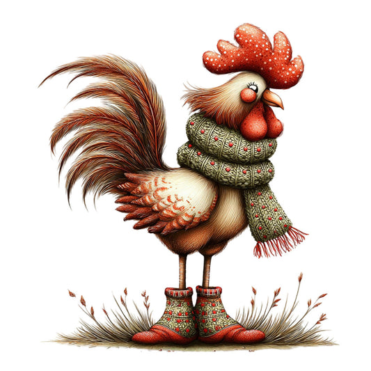 rooster, christmas, holiday, winter, red, cream, brown, tan, rust, forest green, sage green, festive, whimsical, farmhouse, rustic, country, traditional, vintage, sweater, scarf, boots, cozy, seasonal, folk art, scandinavian, bird, animals, warm tones, decorative, charming