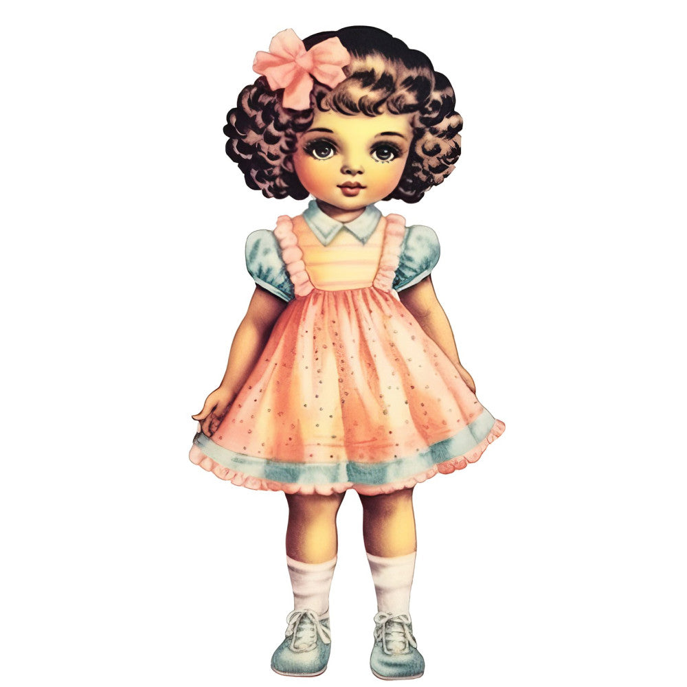 vintage doll, retro girl, pink bow, coral pink, pale yellow, soft blue, mint green, cream, brown curls, 1940s style, 1950s style, nostalgic, whimsical, cute character, children's, nursery, baby girl, doll dress, ruffled skirt, peter pan collar, puffed sleeves, sweet vintage, classic doll, collectible, toy themed, storybook, retro fashion, soft pastels, charming, traditional