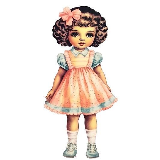 vintage doll, retro girl, pink bow, coral pink, pale yellow, soft blue, mint green, cream, brown curls, 1940s style, 1950s style, nostalgic, whimsical, cute character, children's, nursery, baby girl, doll dress, ruffled skirt, peter pan collar, puffed sleeves, sweet vintage, classic doll, collectible, toy themed, storybook, retro fashion, soft pastels, charming, traditional