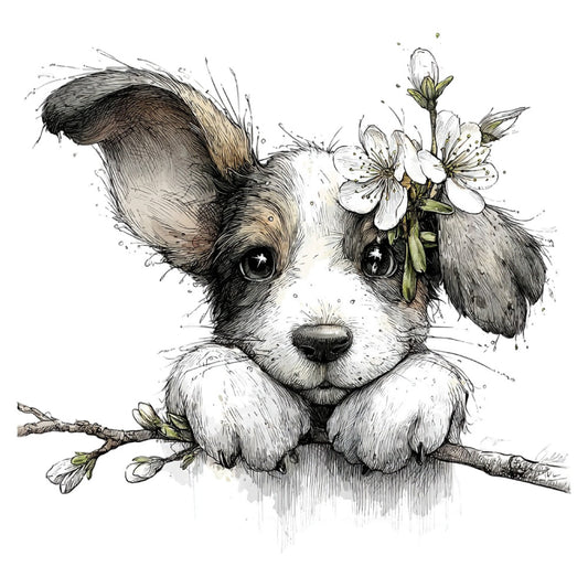 dog, puppy, corgi, animal, portrait, flowers, cherry blossoms, white flowers, spring, nature, whimsical, cute, adorable, black and white, cream, tan, brown, sketch, illustrated, ink drawing, botanical, floral, woodland, sweet, gentle, nursery, baby, children's, young at heart, vintage style