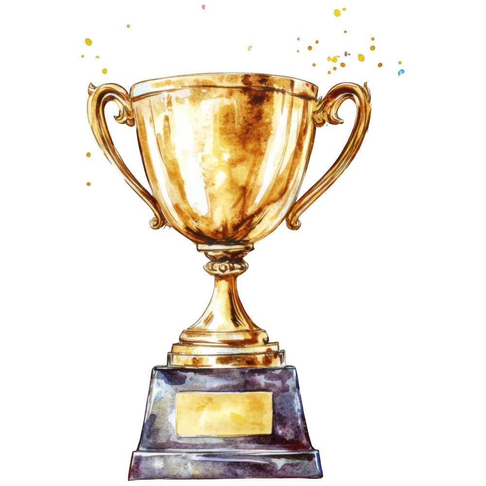 watercolor, golden trophy, racing trophy, yellow, gold, bronze, purple base, victory cup, championship, sports motif, fabric panel, quilting cotton, automotive theme, winner's cup, metallic gold, racing achievement, watercolor splashes, trophy design, competitive sports, fabric craft