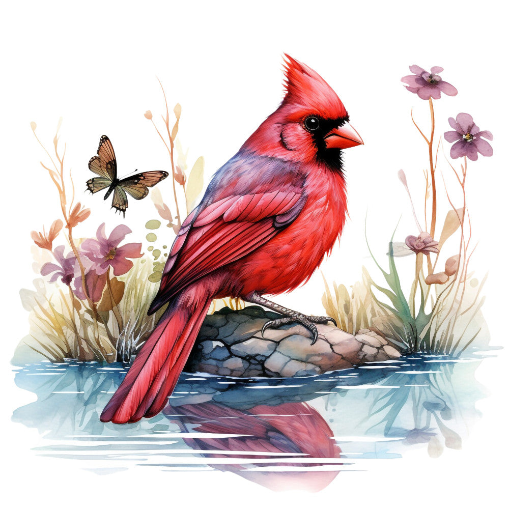 red cardinal, watercolor style, bird illustration, purple flowers, butterfly, nature scene, water reflection, rock perch, fabric panel, quilting cotton, botanical elements, wildlife motif, crimson red, soft pastels, realistic bird art, pond setting, floral accents, nature inspired, cotton fabric, crafting material