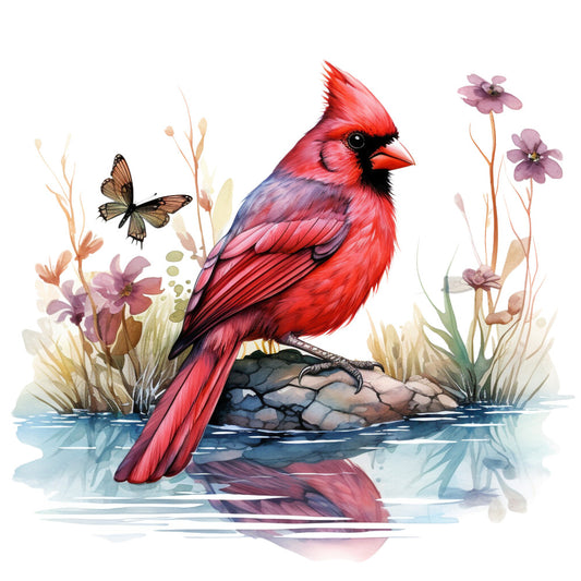 red cardinal, watercolor style, bird illustration, purple flowers, butterfly, nature scene, water reflection, rock perch, fabric panel, quilting cotton, botanical elements, wildlife motif, crimson red, soft pastels, realistic bird art, pond setting, floral accents, nature inspired, cotton fabric, crafting material
