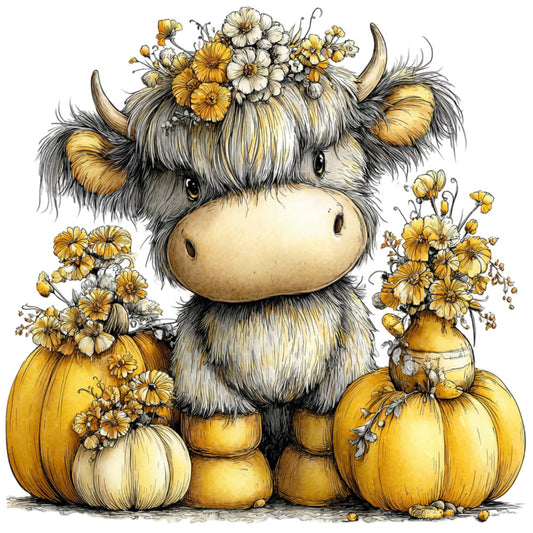 cream, golden yellow, gray, black, charcoal, beige, tan, whimsical, farmhouse, rustic, cattle, highland cow, bull, flowers, daisies, pumpkins, autumn, fall, harvest, nature, animals, cute, adorable, cheerful, folk art, storybook, children's, baby, cottage core, sweet