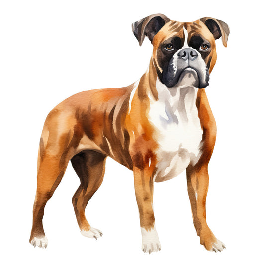 Watercolor Dogs Fabric Panel 38 featuring a detailed brown and white boxer dog printed on 100% premium quilting cotton.