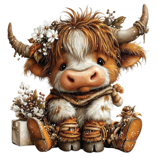 christmas highland cow, fabric panel, brown fur, white markings, horns, floral crown, white flowers, winter boots, sitting pose, cute animal, rustic charm, holiday theme, cotton fabric, quilting panel, watercolor style, whimsical illustration, seasonal decor, festive cow, adorable character, winter accessories