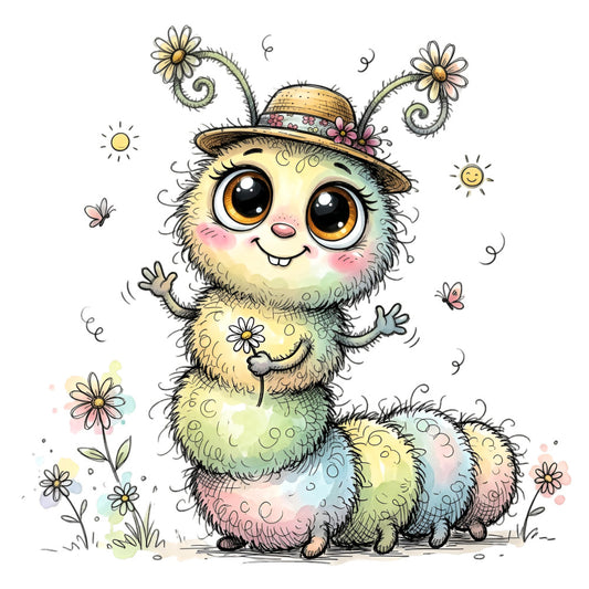 whimsical creature, pastel colors, soft yellow, pale green, blush pink, light blue, peach, colorful, floral, daisies, butterflies, caterpillar, nature, springtime, cheerful, cute animals, children's, baby, playful, garden theme, insects, flowers, quirky, illustration style, storybook, fantasy, magical, sun, joy, springtime animals