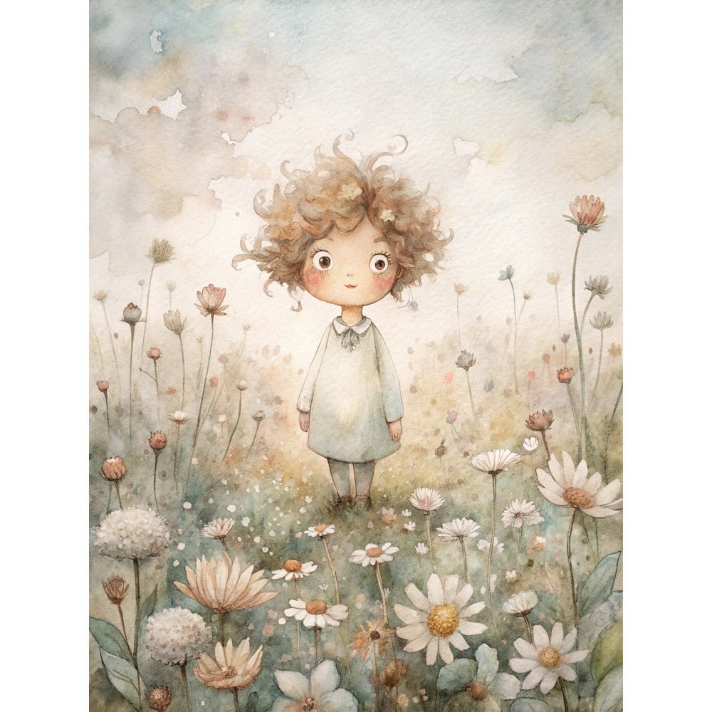 watercolor illustration, curly haired child, wildflower meadow, daisies, dandelions, soft pastels, whimsical art, children's book style, fabric panel, quilting cotton, dreamy atmosphere, floral field, innocent character, muted earth tones, botanical elements, gentle expression, storybook illustration, nature scene, cotton fabric, panel design