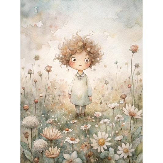 watercolor illustration, curly haired child, wildflower meadow, daisies, dandelions, soft pastels, whimsical art, children's book style, fabric panel, quilting cotton, dreamy atmosphere, floral field, innocent character, muted earth tones, botanical elements, gentle expression, storybook illustration, nature scene, cotton fabric, panel design
