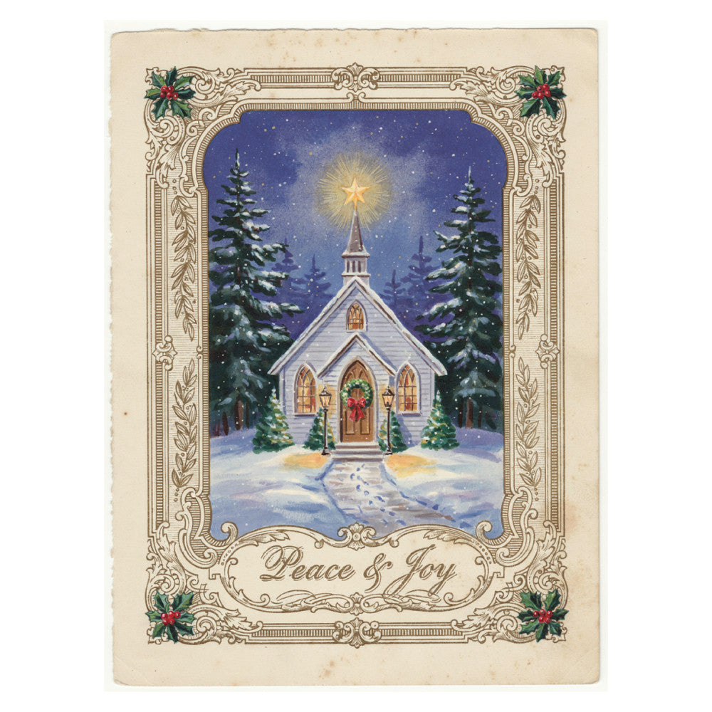 christmas, holiday, winter, snow, church, chapel, religious, spiritual, nativity, star of bethlehem, evergreen trees, pine trees, peaceful, nostalgic, vintage, traditional, elegant, cream, ivory, navy blue, deep blue, forest green, gold, red, beige, ornate border, decorative border, religious scene, winter landscape, snowy scene