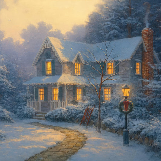 winter holiday, snow, cabin, house, cozy, christmas, warm lights, golden yellow, cream, slate blue, gray, brick red, rustic, traditional, festive, wreath, lamp post, snowy landscape, farmhouse, evening scene, warm glow, winter scenery, holiday home, cottage core, nostalgic, peaceful, scenic, winter night