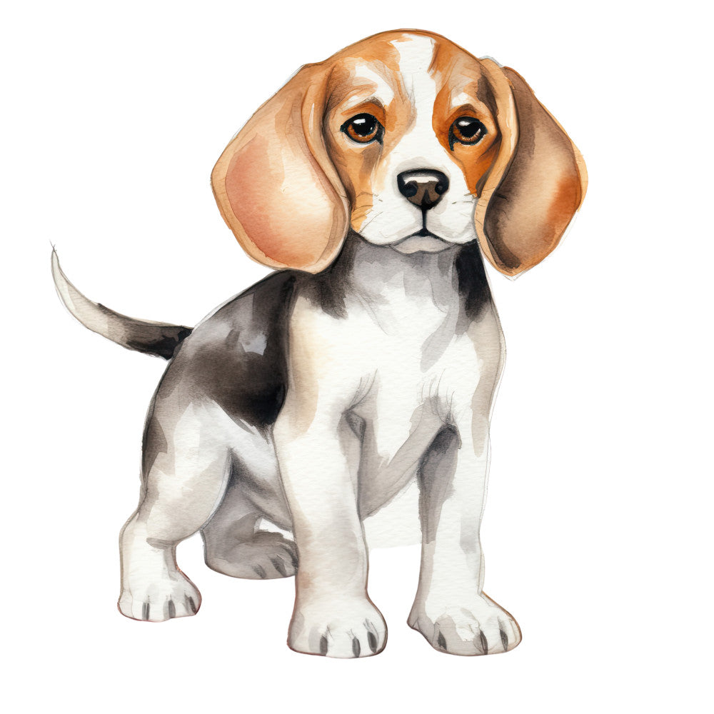 Watercolor Dogs Fabric Panel 25 featuring a detailed, hand-painted beagle puppy on premium quilting cotton.