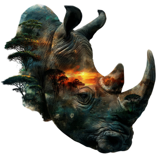 wildlife, animals, rhino, rhinoceros, nature, landscape, double exposure, safari, african wildlife, forest, trees, acacia trees, sunset, golden hour, orange, amber, teal, blue-green, earth tones, majestic, artistic, modern, conservation, endangered species, adventurous, bohemian, wall hanging, art panel, nature lovers, wildlife enthusiasts