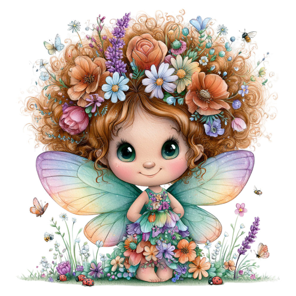 fairy wings, flower crown, whimsical, pastel colors, sage green, coral pink, dusty purple, peach, soft blue, nature, botanical, floral, butterflies, bees, ladybugs, curly hair, fantasy, magical, children's, nursery, spring, garden, ethereal, charming, storybook illustration, woodland creatures, rainbow gradient wings, delicate flowers, dreamy