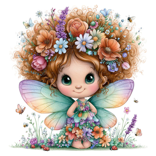 fairy wings, flower crown, whimsical, pastel colors, sage green, coral pink, dusty purple, peach, soft blue, nature, botanical, floral, butterflies, bees, ladybugs, curly hair, fantasy, magical, children's, nursery, spring, garden, ethereal, charming, storybook illustration, woodland creatures, rainbow gradient wings, delicate flowers, dreamy