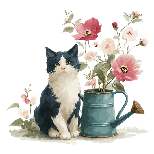 black and white cat, teal watering can, dusty rose, coral pink, cream, sage green, floral, botanical, nature, animals, cats, flowers, peonies, cosmos, vintage, whimsical, cottage core, garden theme, spring, feminine, romantic, elegant, traditional, illustration, detailed, nature lovers, cat lovers, decorative panel, home decor, soft watercolor style
