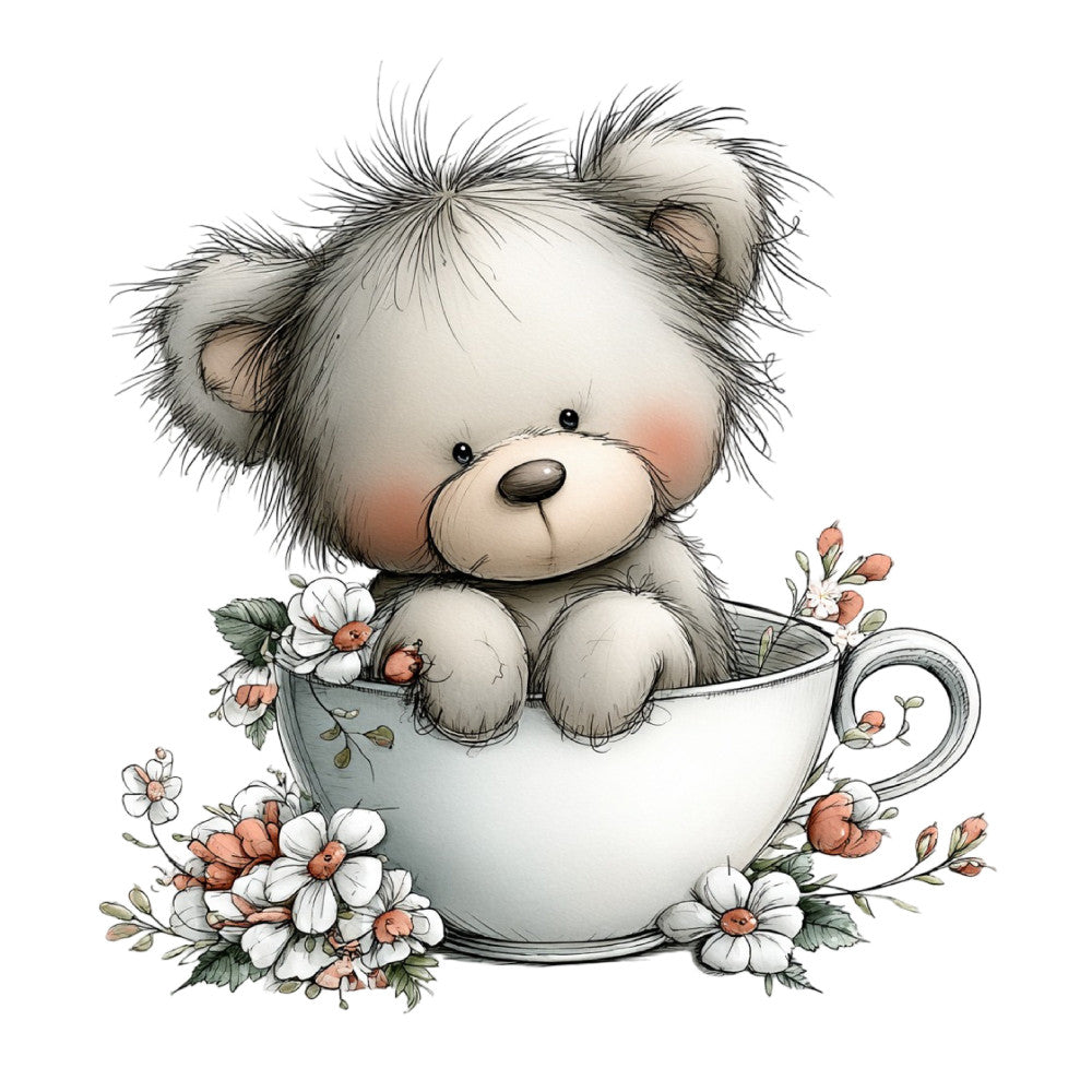 teddy bear, cute animals, nursery, baby quilt, whimsical, soft gray, cream, coral pink, white flowers, daisy, floral, nature, gentle, sweet, children's, woodland, adorable, teacup, tea time, spring, soft pastels, storybook, illustration style, keepsake, heirloom, vintage inspired, girl's nursery, delicate florals, animal friends, cozy