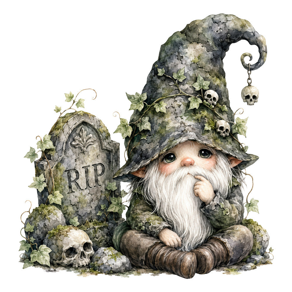 gnome, halloween, gothic, spooky, skulls, tombstone, rip gravestone, white beard, moss green, gray stone, black, cream, sage green, charcoal gray, whimsical, dark fantasy, macabre, haunted, autumn, fall, death theme, pointed hat, ivy vines, nature, woodland, vintage, rustic, celestial, wall hanging, decorative panel