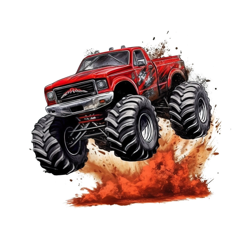 Monster Truck Crushes Fabric Panel 2 showing a red monster truck with oversized tires crushing through dirt and mud splash