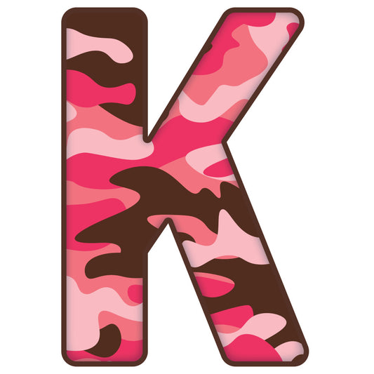 hot pink, deep pink, rose pink, light pink, chocolate brown, dark brown, camouflage, camo pattern, abstract, wavy, organic shapes, modern, contemporary, bold, vibrant, letter k, alphabet, monogram, playful, whimsical, geometric, layered, paper art style, mixed media, children's, kids fabric, nursery, baby, youth, trendy