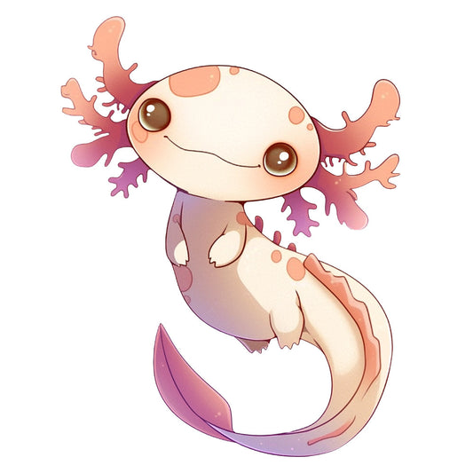 axolotl, cartoon style, kawaii, cute character, pink gradient, coral pink, purple shades, cream white, brown eyes, external gills, amphibian, aquatic animal, spotted pattern, smiling face, whimsical design, fabric panel, quilting cotton, children's fabric, nursery theme, playful mood