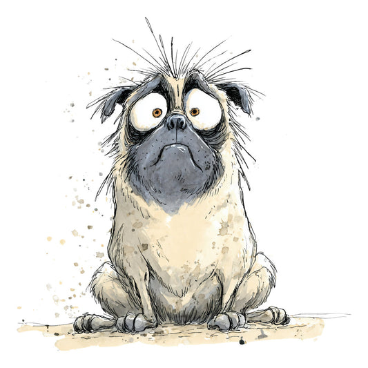 pug, dog, whimsical, animal, cream, beige, tan, charcoal gray, black, funny, humorous, cute, expressive, pet, portrait, illustration, watercolor, splatter, artistic, modern, playful, children, kids, novelty, quirky, personality, character design