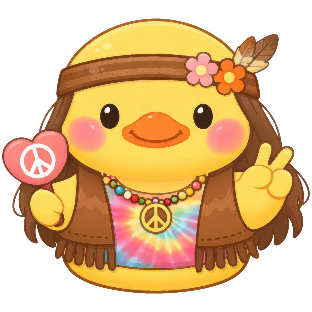yellow duck, brown, coral orange, tie dye, peace sign, hippie, bohemian, whimsical, cute, animal, bird, flower, daisy, beaded necklace, feathers, headband, colorful, rainbow, groovy, retro, 1970s, love and peace, children's, playful, folk art, decorative panel, novelty print, vibrant colors, pastel accents